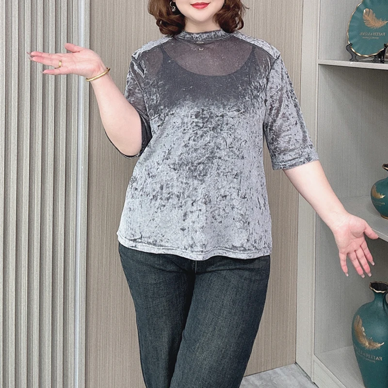 Women's Ice Flannel Half Sleeve T-shirt, Plus Size Tops, Spring and Autumn, New