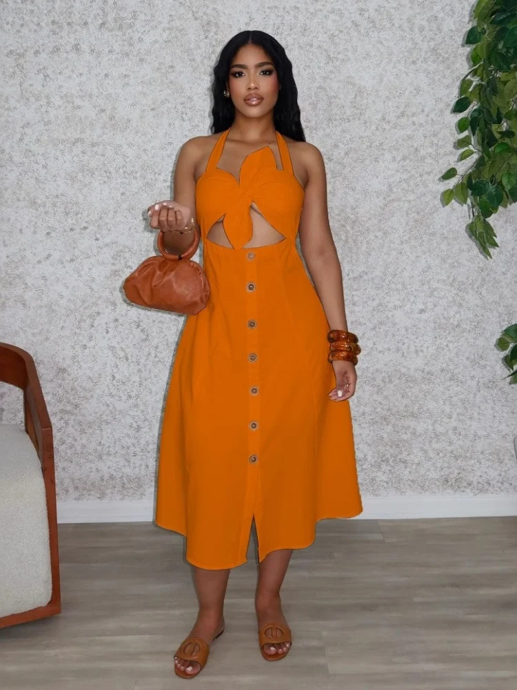 Wmstar Dresses for Women Wholesale Sexy Sweet Hollow Out Solid Color Knotted Decorated Lapel Neckline Party Dress Dropshopping