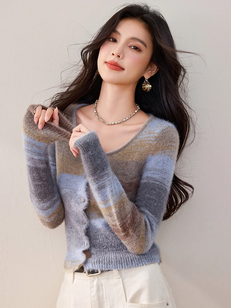 Crop Cardigan  Women’s Vintage lazy style cropped knitting long sleeves boatneck slim fit button-up short Tops Cardigans for woman in multi brown blue Gray grey stripes Fashionable Niche Design Knitwear Fall Autumn Spring womens striped Sweaters fashion