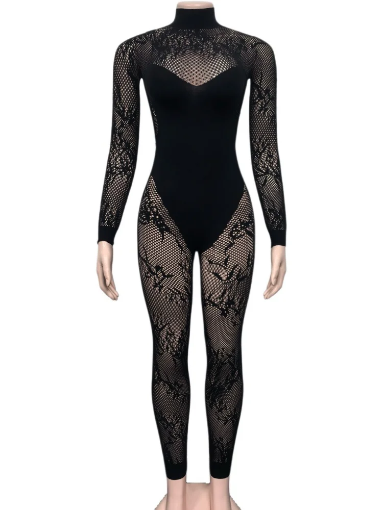 Wmstar Jumpsuit Women Wholesale Sexy Mesh Patchwork New Women's High Stitch Lace with Sexy Cutout in Black Drop Shopping