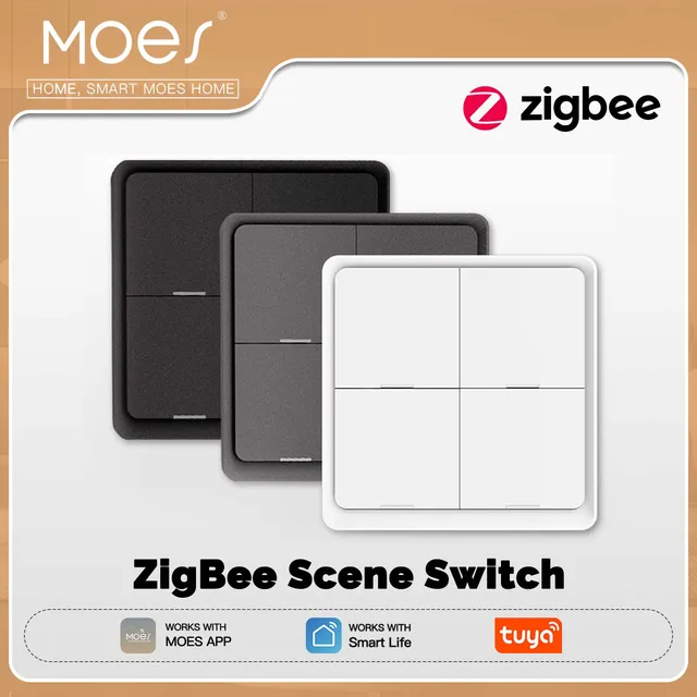 MOES 4 Gang Tuya ZigBee Wireless Scene Switch - 12 Customizable Automation Scenarios, Battery-Powered Push Button Controller for