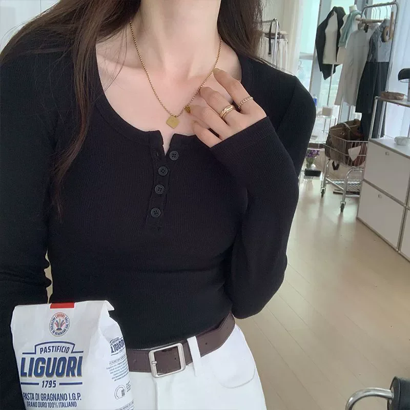 Autumn Winter Button V Neck T-shirt Women Basic Slim Pullover Women T-shirt Pullovers Knit  Soft Warm Tops