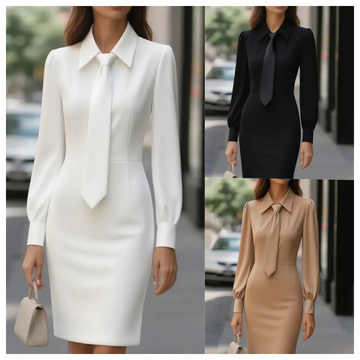 Elegant Women Office Dress with Long Lantern Sleeve