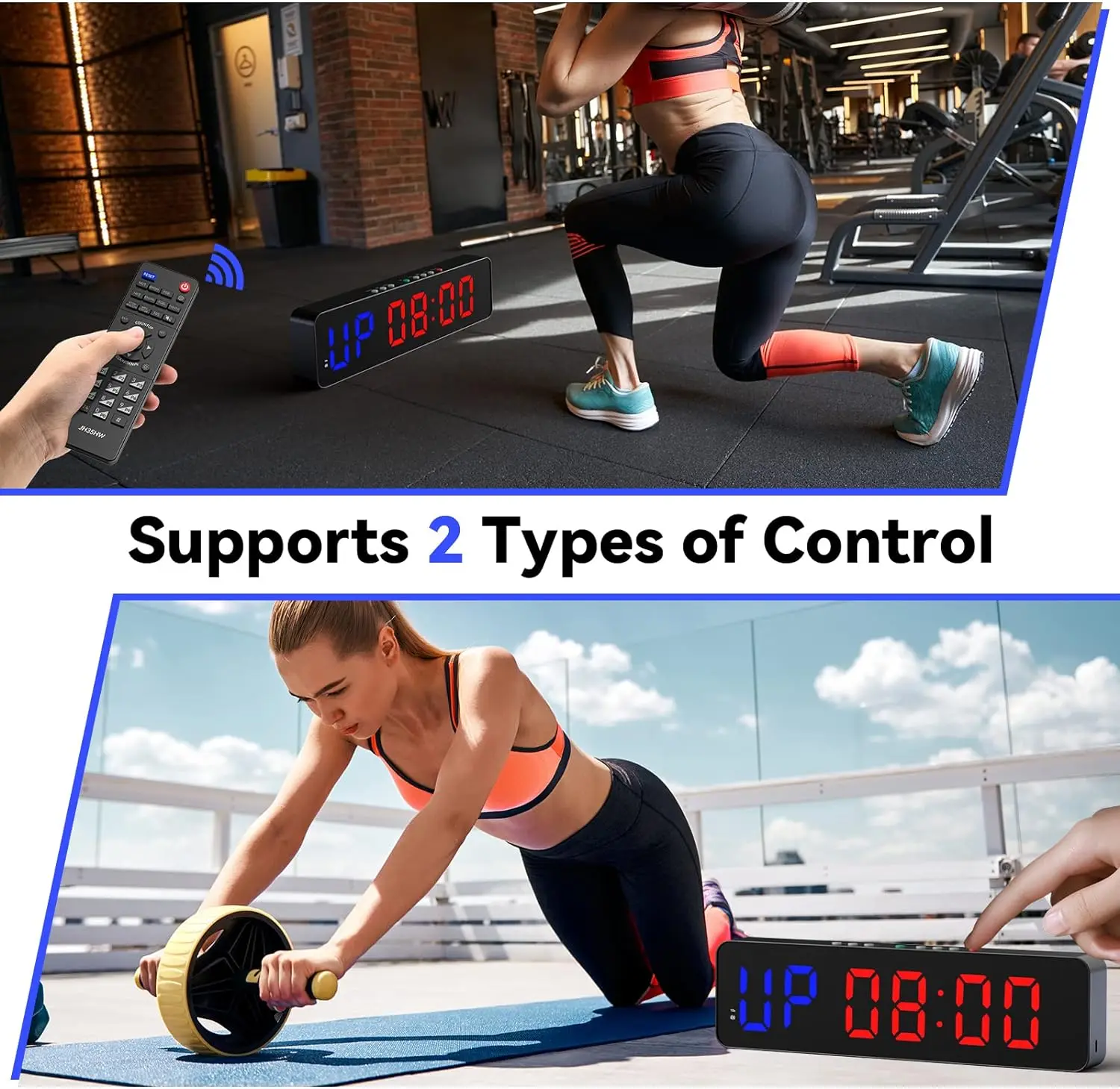 Gym Timer 2.2 inch LED Workout Colck Count Down/Up Clock 12" x 3.5" Ultra-Clear Digital Display Multi-Scenes with Remote 3