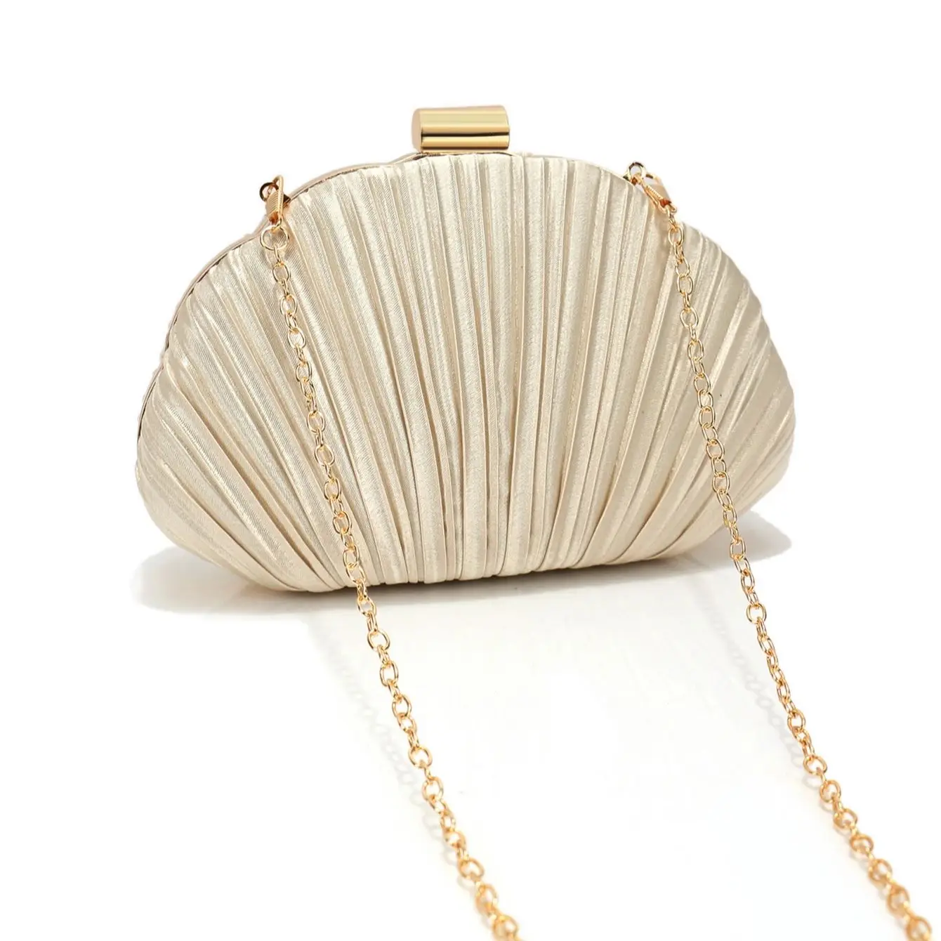 Apricot Glitter Satin Clutch Bag With Shoulder Chain For Women