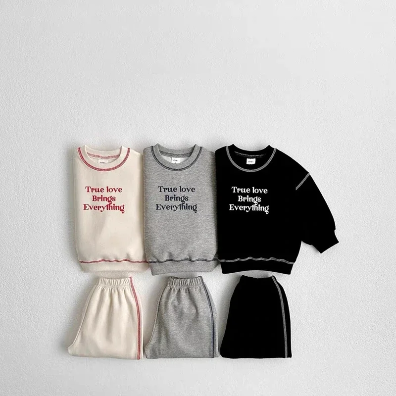 Spring Autumn Kids Clothes Girls Set Korean Fashion Letter Embroidery Hoodies Sweatshirts+Sweat Pants Children Boys Clothing Set 2