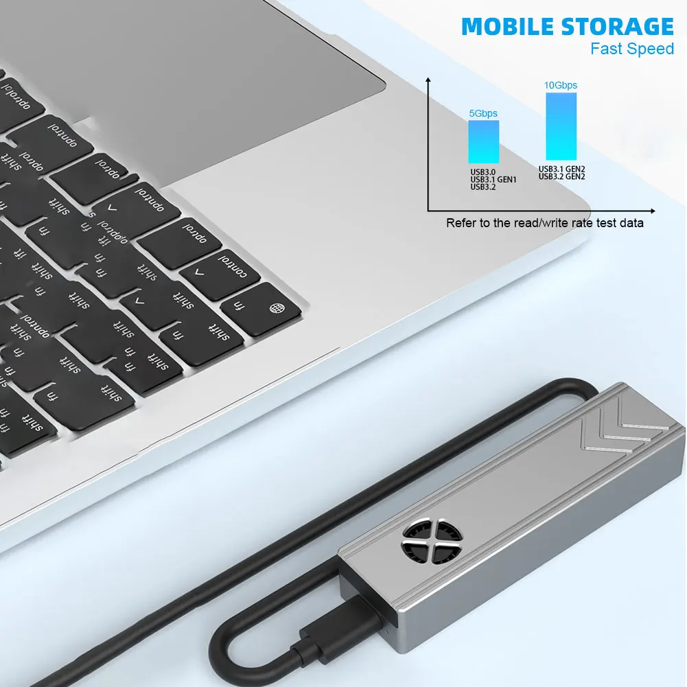 듀얼 프로토콜 M.2 SSD 케이스 (쿨링 팬 포함) M2 NVMe NGFF SATA SSD 디스크 지원 (팬 포함) PCIe M 키 및 B M 키 USB C 10Gbps