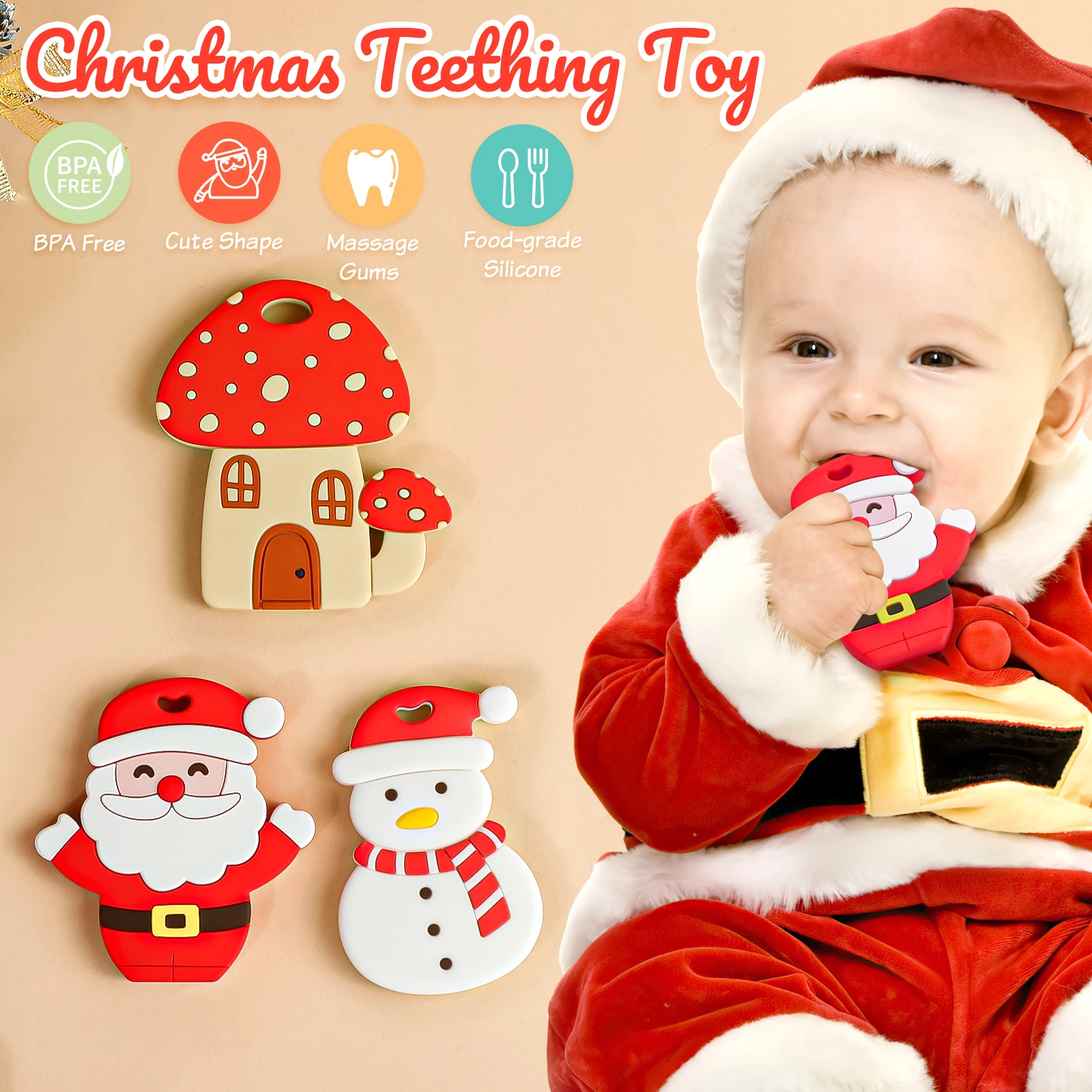 2PC Silicone Teether Baby Santa Teether Children Christmas Gift BPA Free Silicone Children's Products Children Teether 2