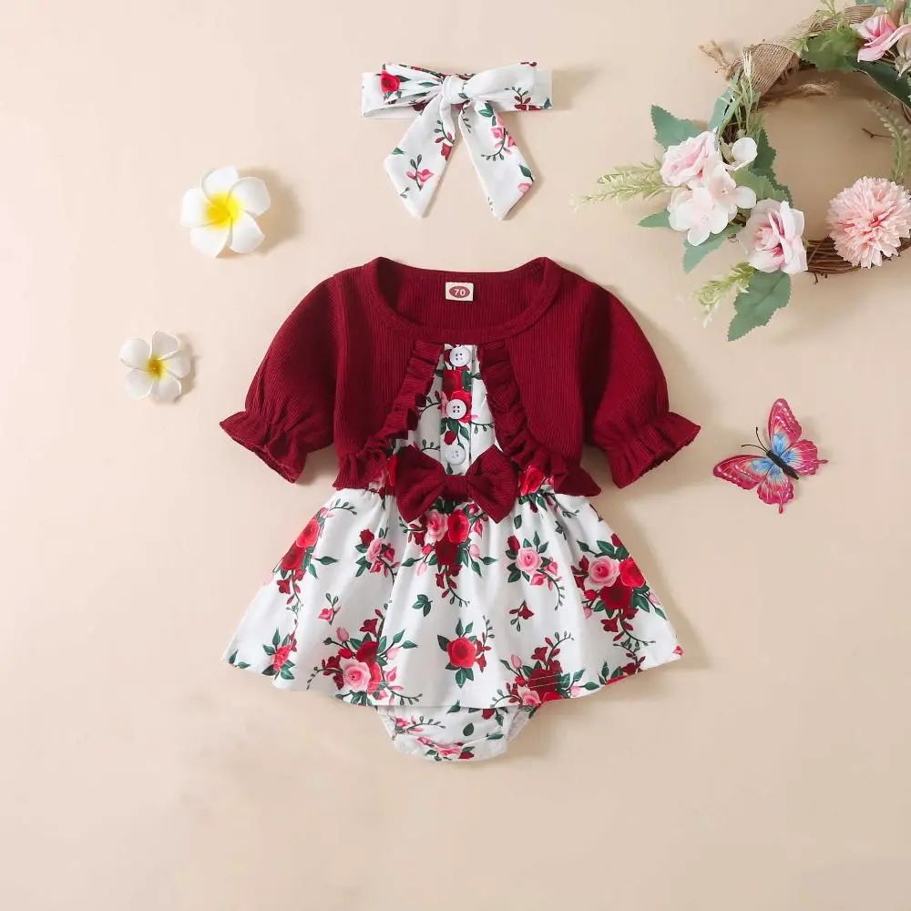 Soft Bowknot Toddle Princess Dress Cotton Flower Summer Baby Bodysuit Infant Sweet False 2Piece Jumpsuit Dress Holiday