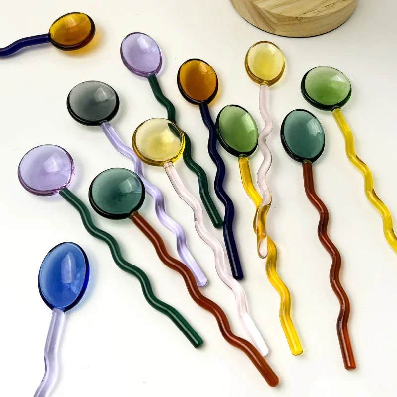 크리에이티브 유리 우유 스푼, 컬러 투명 커피 디저트 교반 스푼, 긴 손잡이 라운드 주방 식기 교반기 막대, 핫