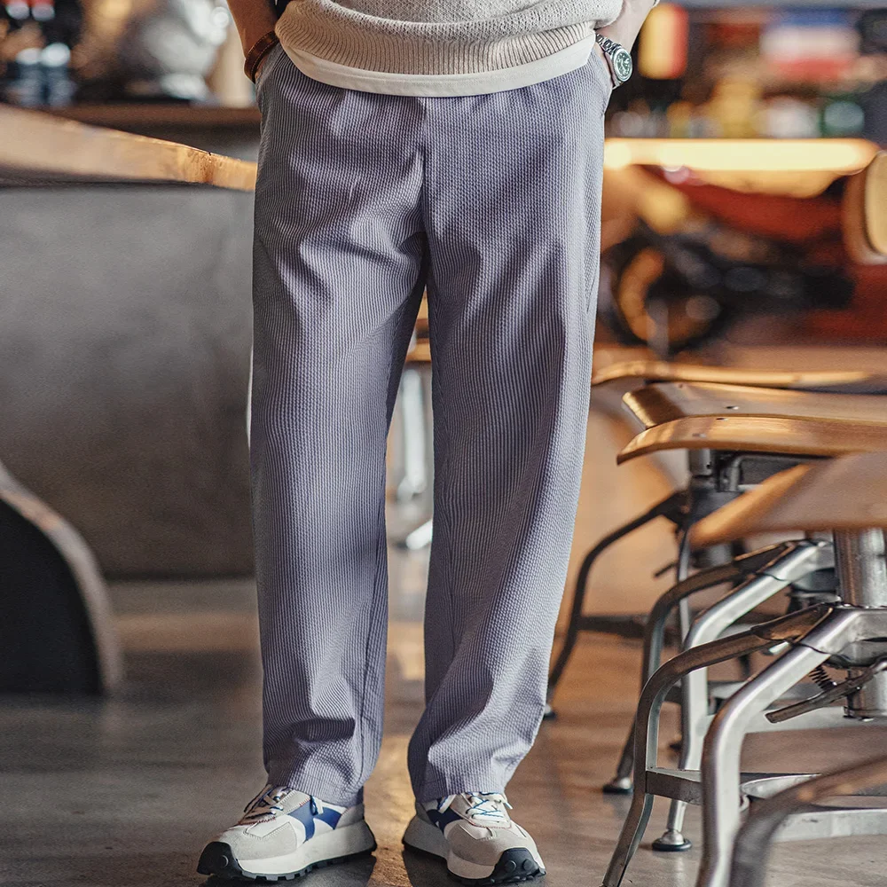 Maden Easypants Seersucker Striped Casual Pants with Elastic