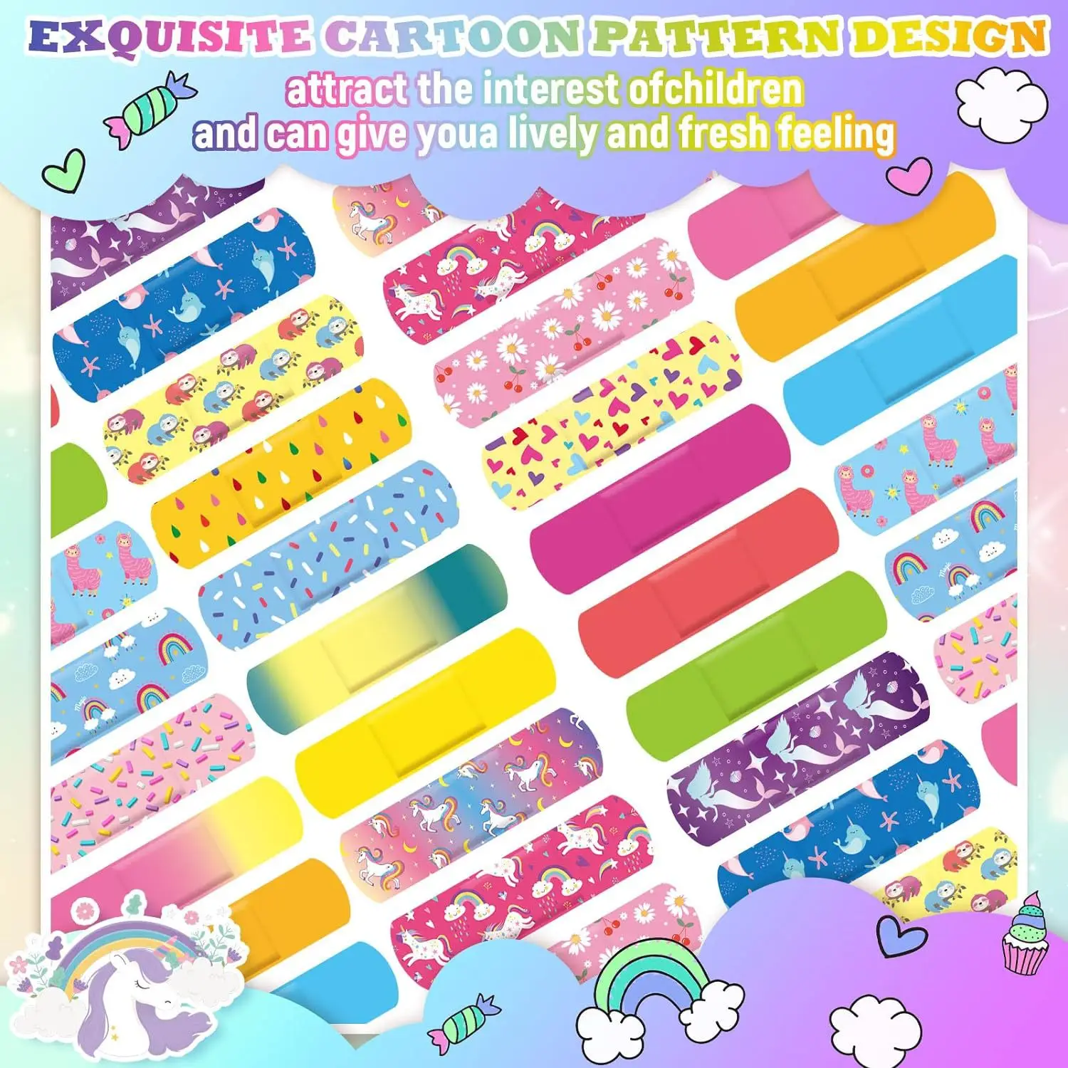 50PCS Cute Kids Bandages Sweet Cartoon Fruit Unicorn Dinosaurs Starry Night Sky Bandaid Dressing Patch Adhesive Bandages 2