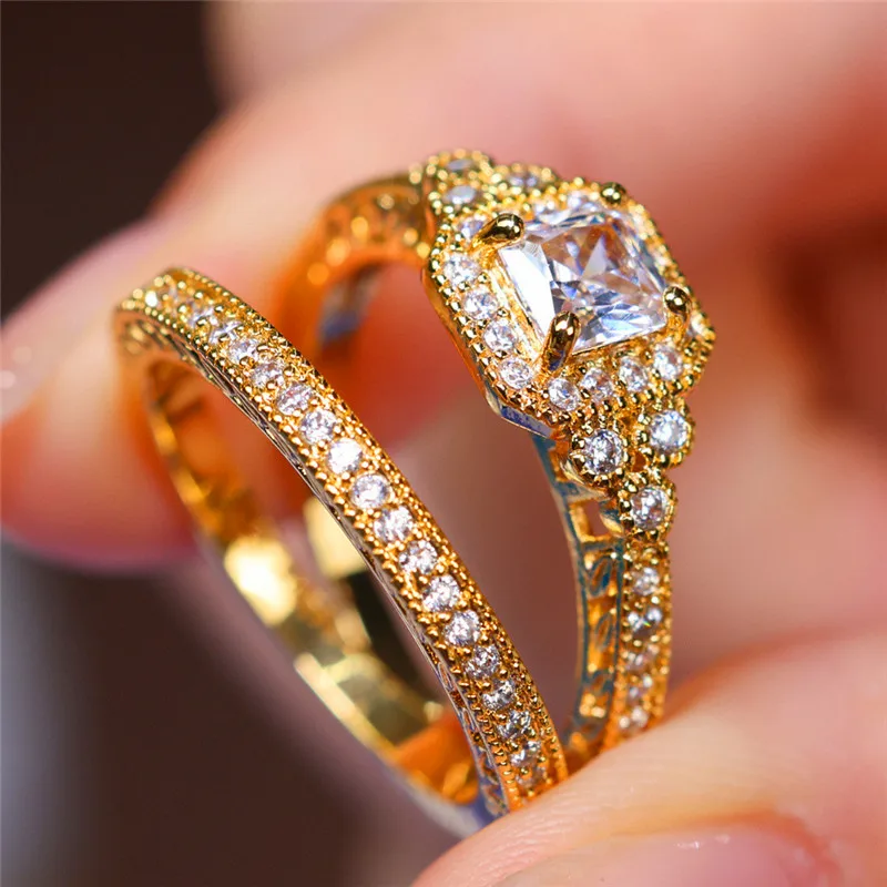 Luxury Female Crystal White Zircon Stone Engagement Ring Set Cute Wedding Jewelry For Women