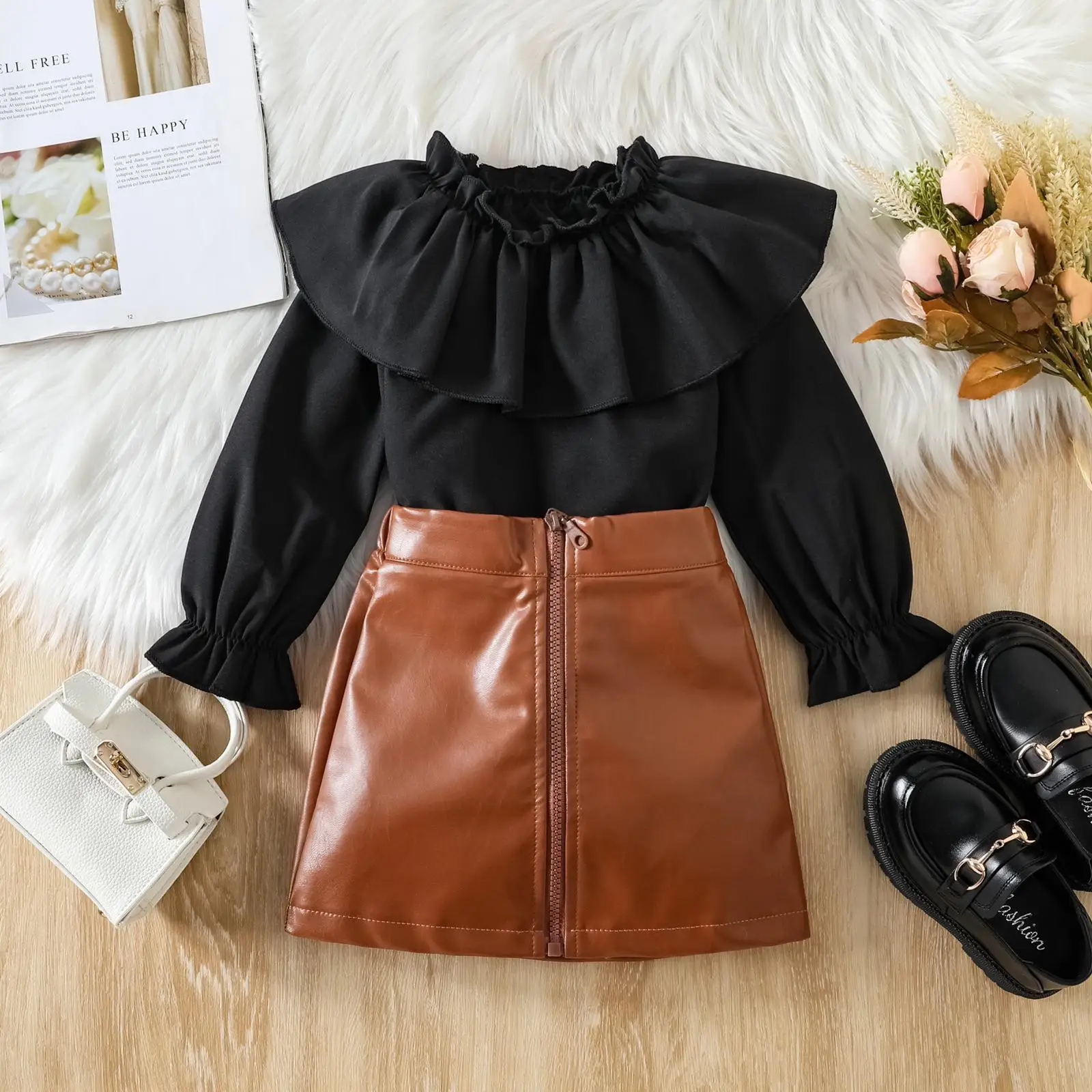 

1-6Y Infant Baby Girl Set Fashion Ruffle Collar Long Sleeved Top+Leather Skirt For Girl Outfits Autumn Winter Kids Clothing 2Pcs