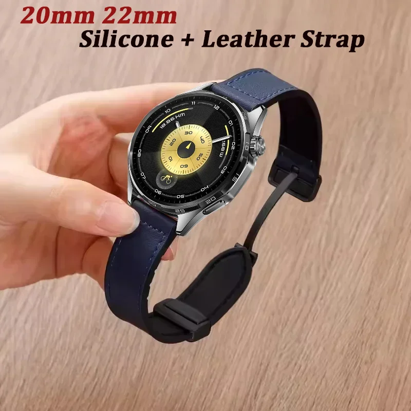 Sleek Silicone & Leather Hybrid Watch Strap with Magnetic Buckle - 22mm/20mm