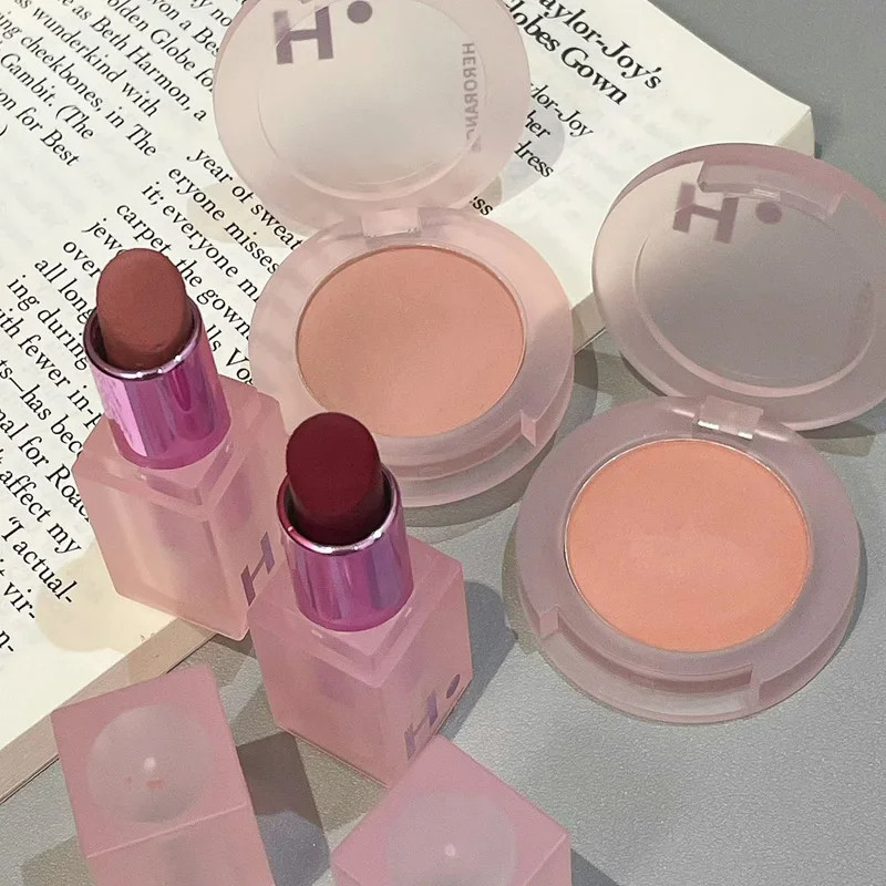 Monochrome Face Blush Pallete & Velvet Matte Lipstick Set Mineral Pigment Cheek Blusher Powder Lasting Makeup Contour Shadow