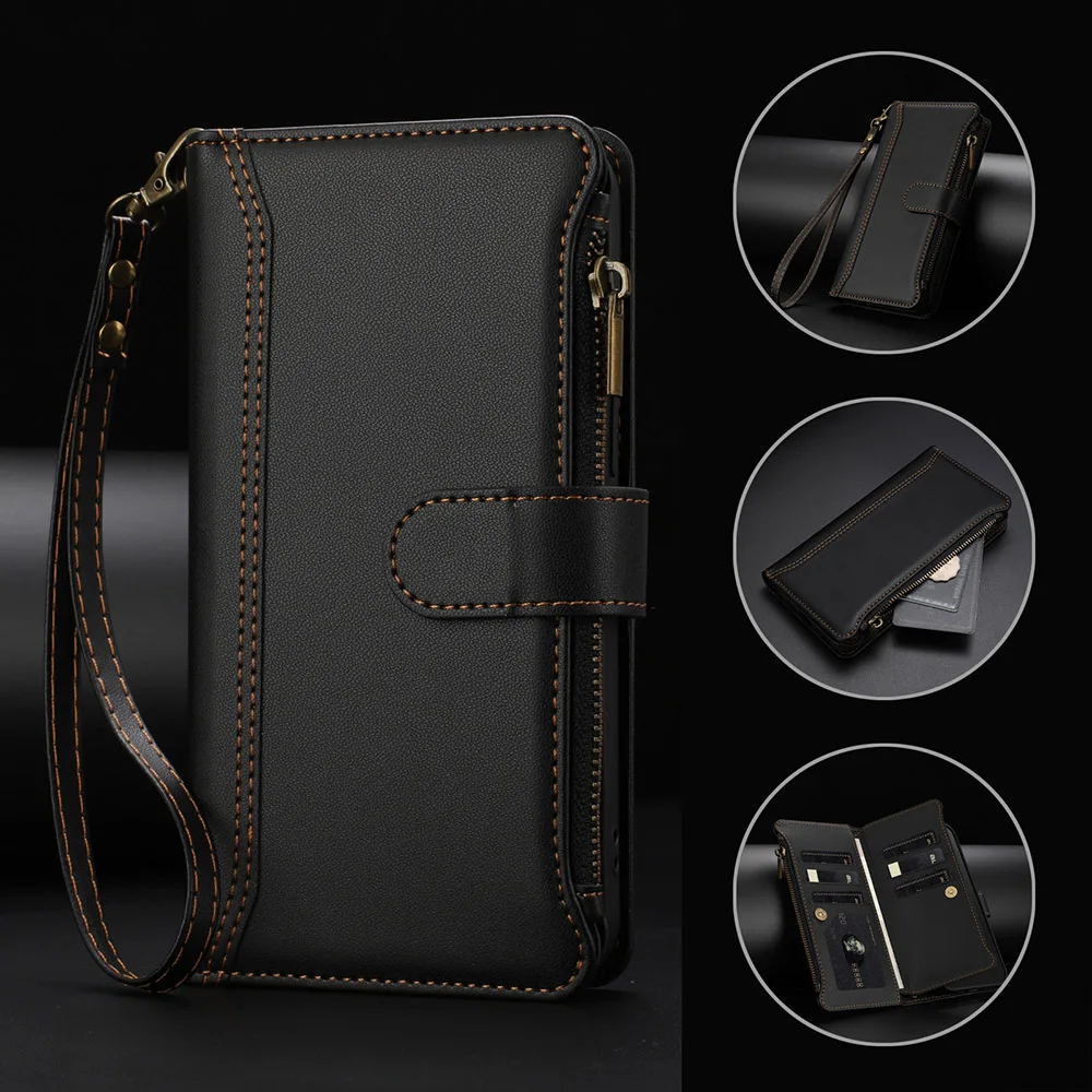 Leather Crossbody Card Wallet Phone Cover with Wrist Strap