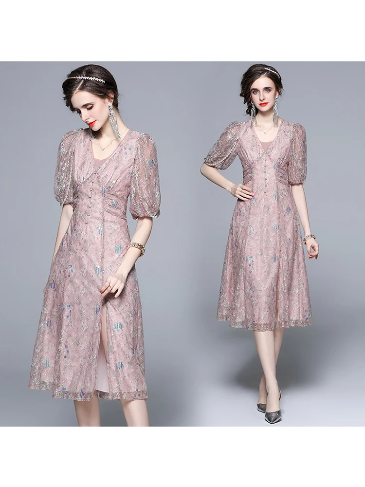 

Women's French Style Elegant Lace Patchwork V-neck Beading Dresses 2023 Summer Embroidery Vintage Party Dress Lady Vestidos