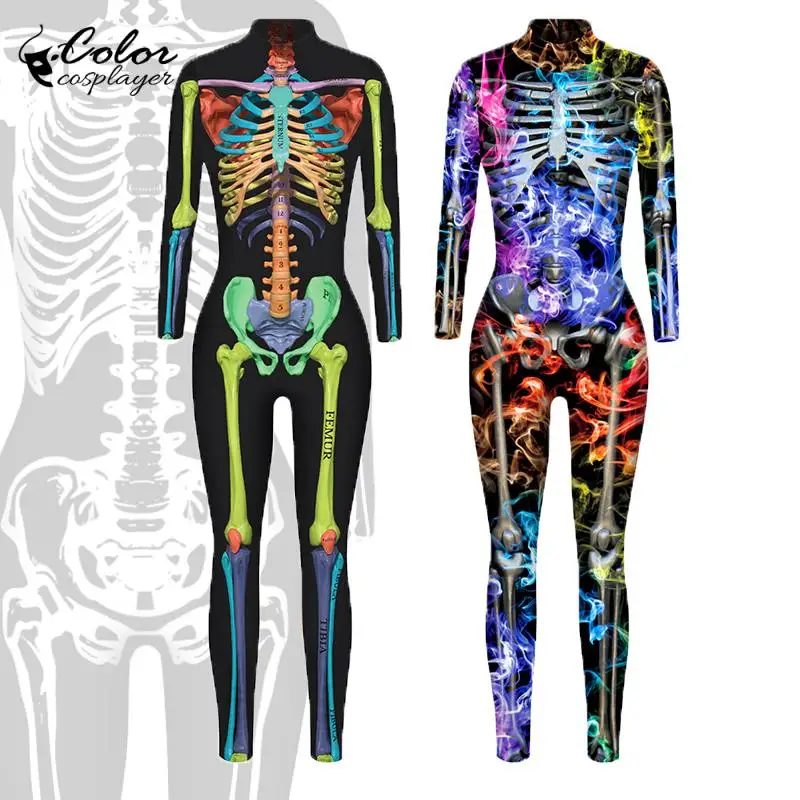 

Color Cosplayer Fancy Skeleton Jumpsuit Carnival Party Bodysuit Adult Halloween Costume Ghosts Cosplay Clothing Unisex Catsuit