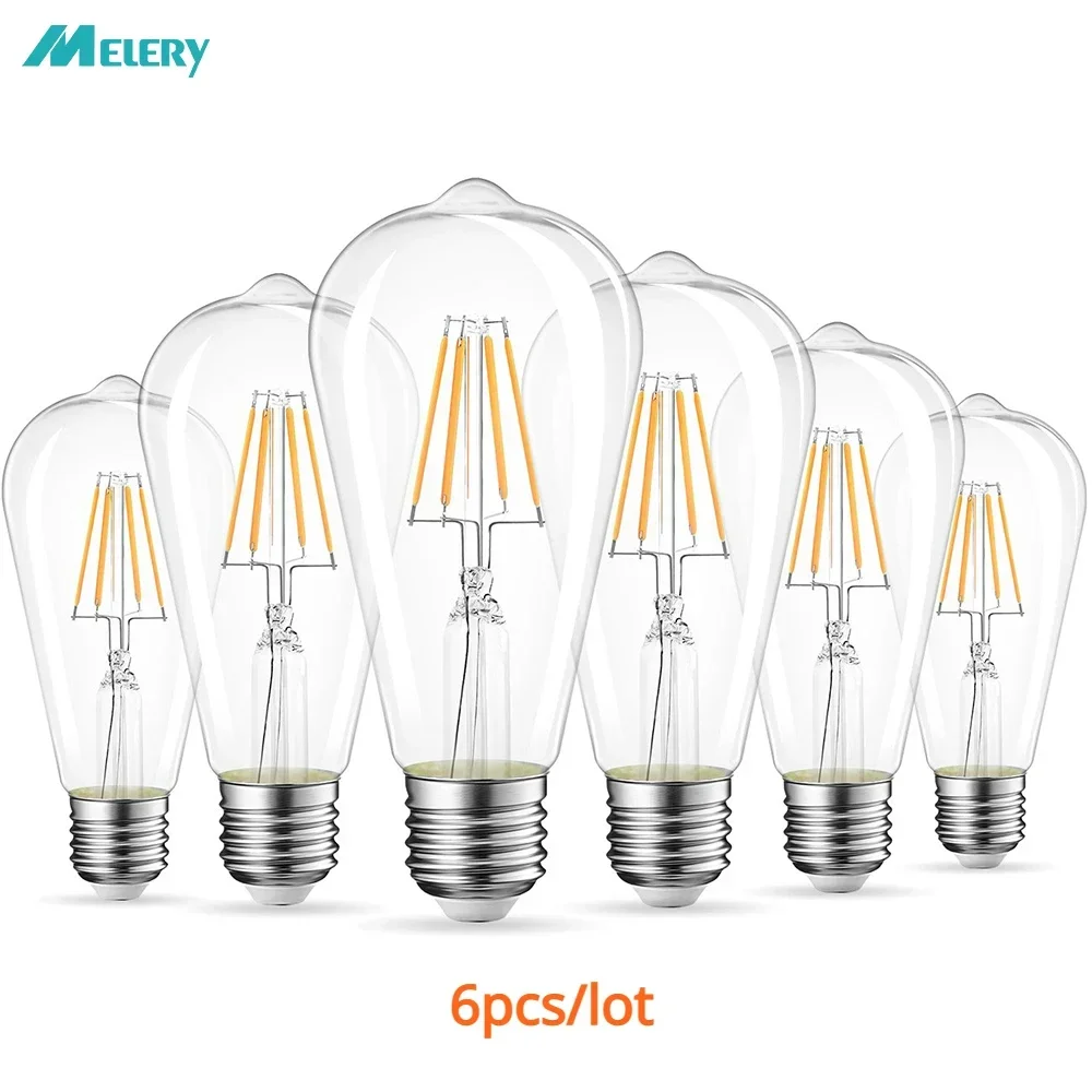 E27 Lampadina A Led Filamento Rustico Trasparente St64 2700K Bianco Caldo Di Ricambio 60W Lampada A Incandescenza 806Lm Risparmio Energetico 6Pack