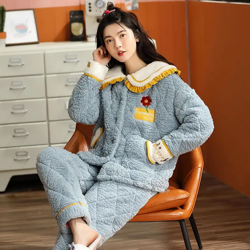 2024 New Coral Velvet Pajamas Women's Autumn Winter Three-layer Padded Plush Sleepwear Girls Warm Hooded Flannel Loungewear Set