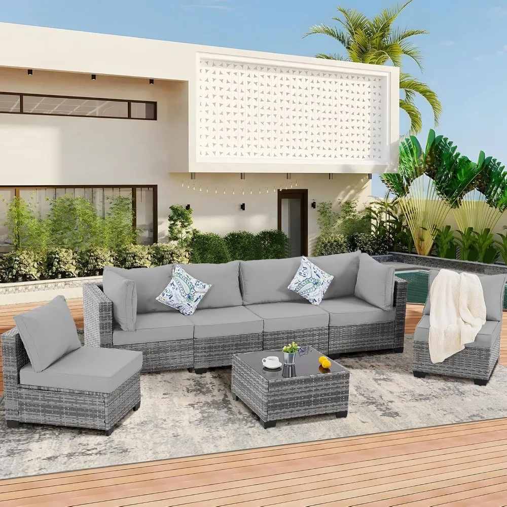 Outdoor Patio Furniture Set,Wicker Sectional Sofa Set Rattan Modular Patio Conversation Sets with Cushions Couch Set&Table 2