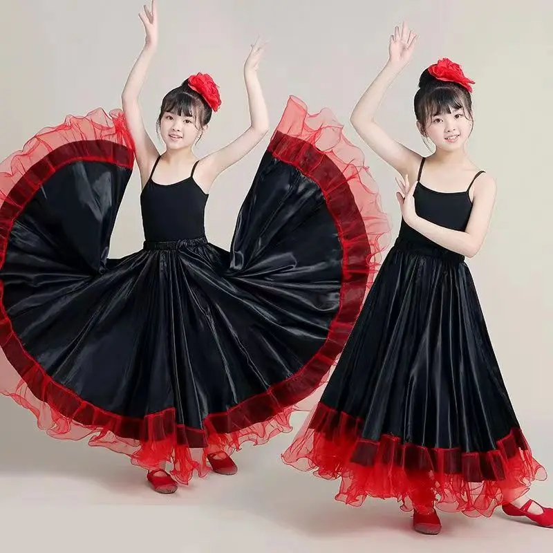 Kid Girl Gypsy Spanish Flamenco Skirt Satin Smooth Big Swing Carnival Party Ballroom Belly Dance Festival Stage Costume