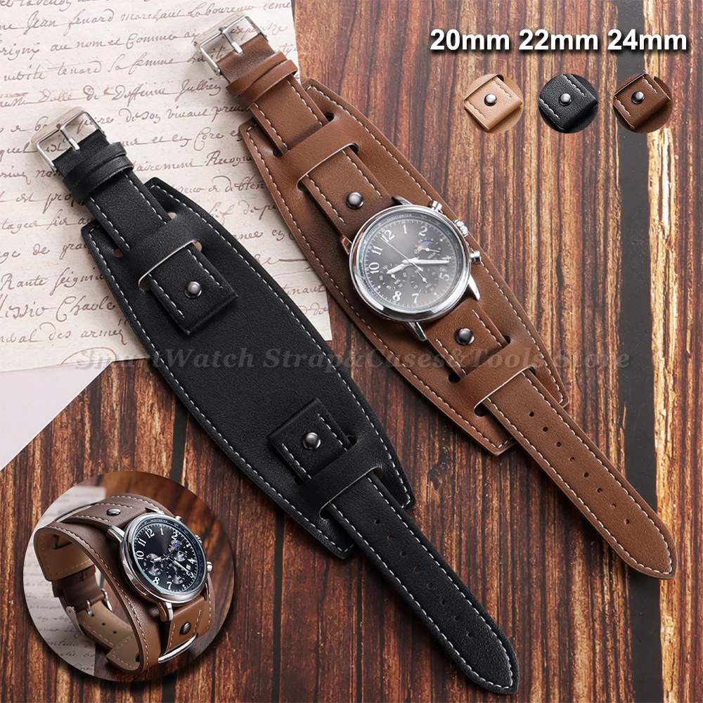 Vintage Cowhide Leather Cuff Watch Band for Men - Deep Brown, Black, Light Brown