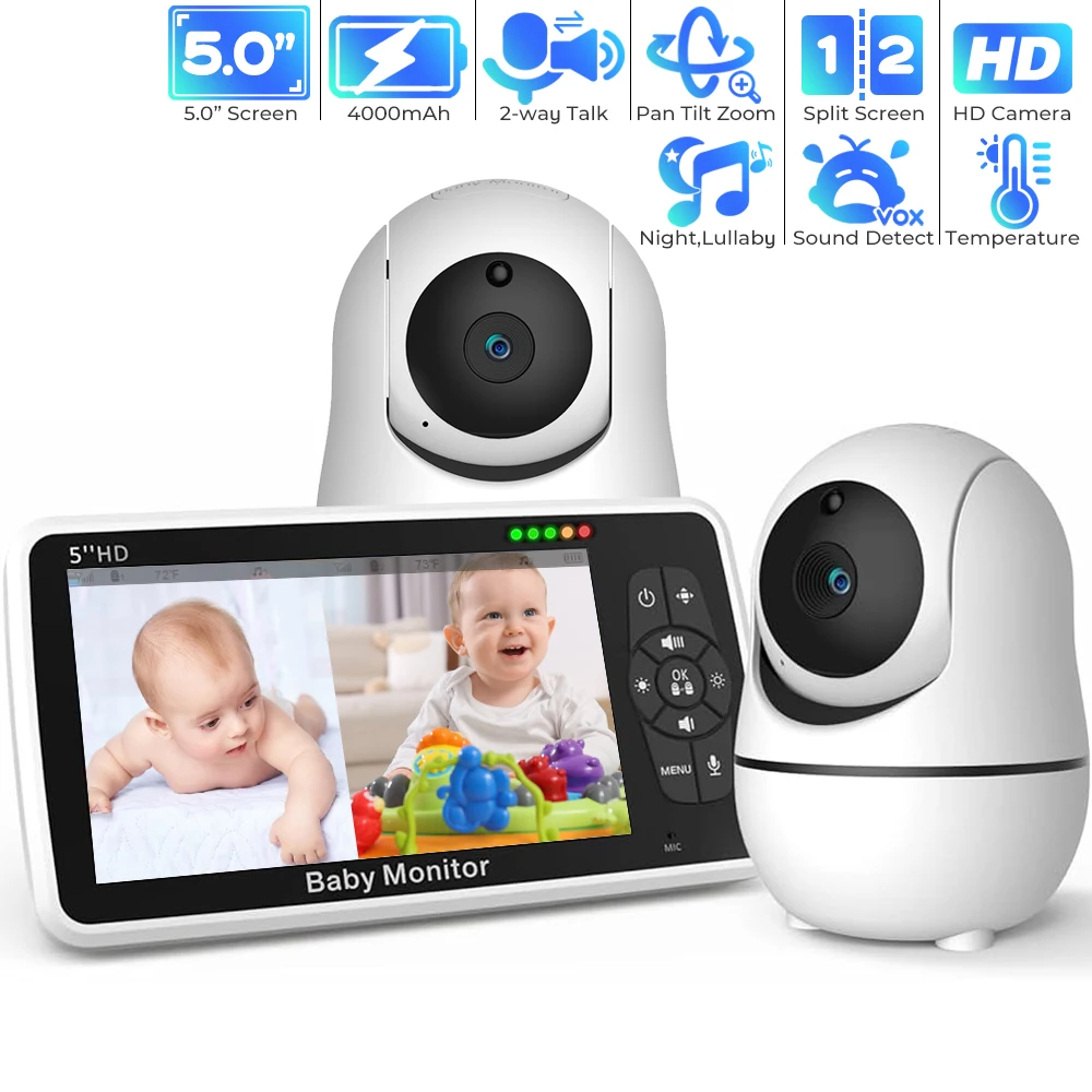 5인치 HD 카메라 2대가 장착된 베이비 모니터 분할 화면  전화 WiFi 없음 ..