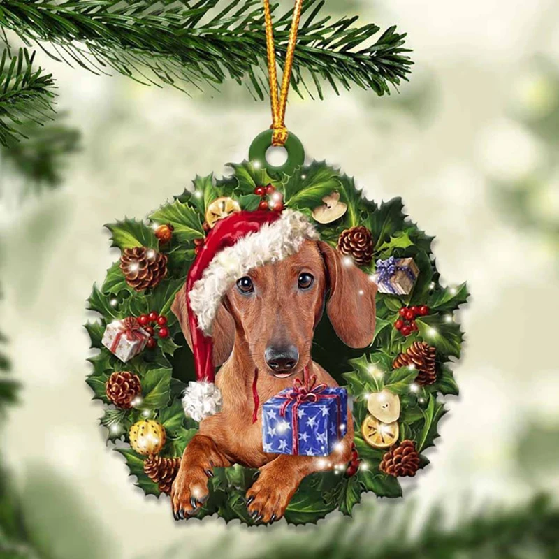 Adornos para árbol de Navidad, acrílico 2D, lindo perro durmiendo en una taza, colgantes, adornos para el hogar, Navidad, Año Nuevo, suministros para fiestas