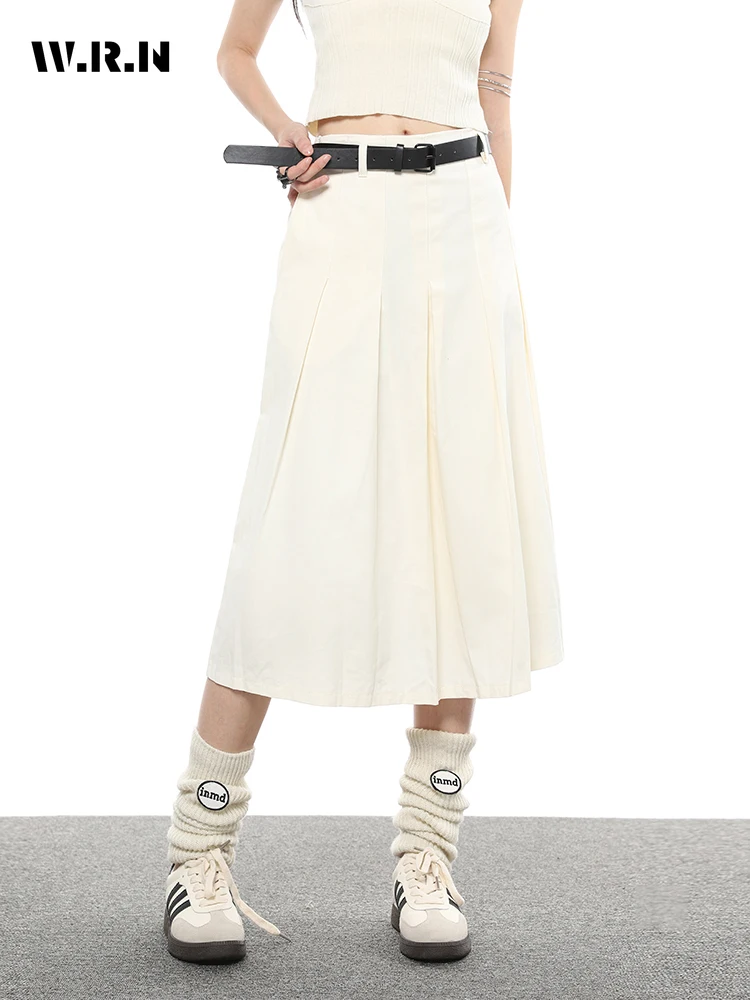 

2023 Summer Preppy Style Solid Color Soft Mid Long Skirts Women Vintage High Waist Loose Streetwear A-Line Pleated Skirt