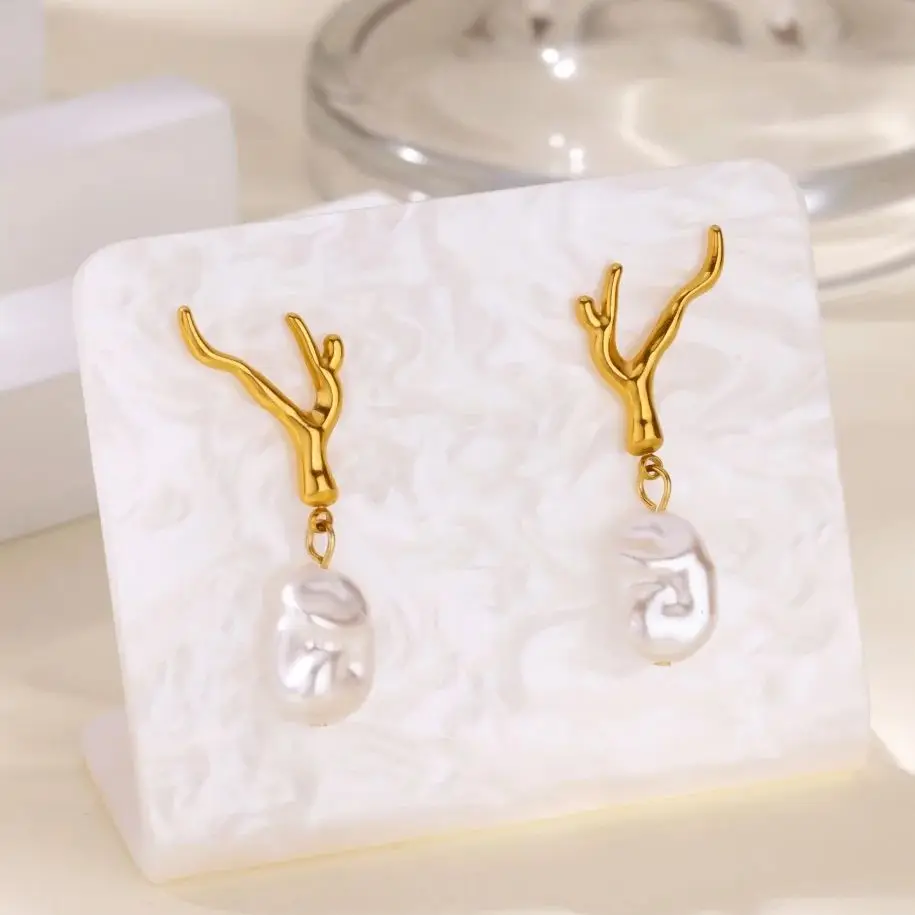 Stainless Steel Coral Imitation Pearl Earrings For Women 18K Gold