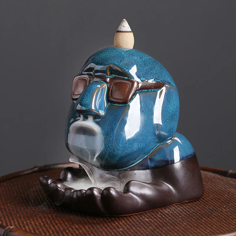Creative Ceramic Backflow Incense Burner Sunglasses Brother Character Backflow Incense Statue Nostril Smoke Aromatherapy Holder