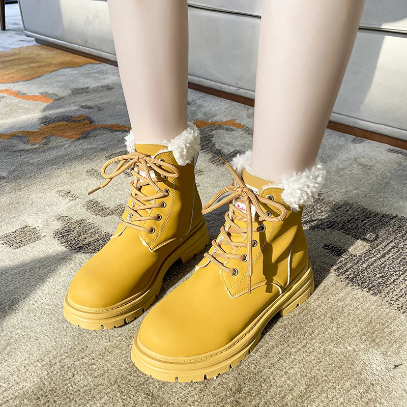 

Женские ботинки со шнуровкой, теплые однотонные ботинки на платформе, с круглым носком, на плюшевой подкладке, водонепроницаемая обувь, новинка зимнего сезона 2023