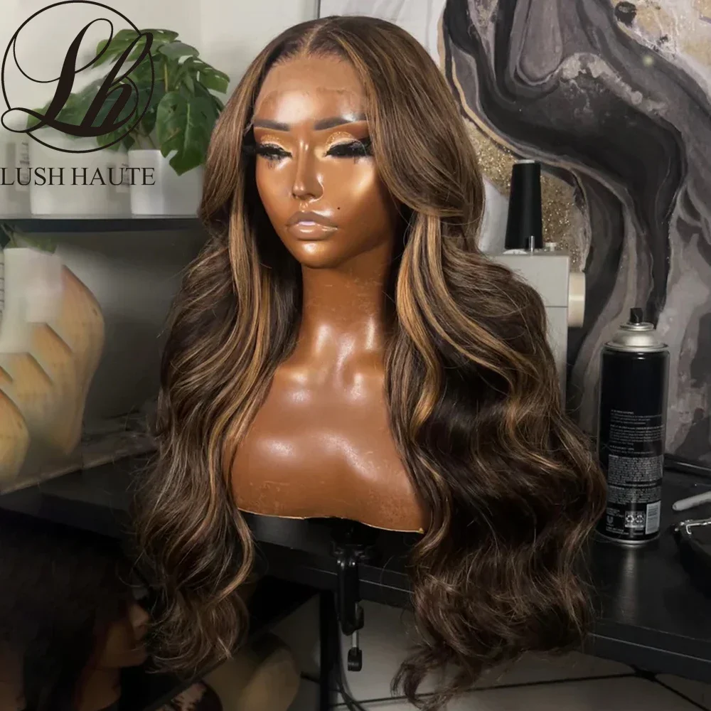 Body Wave Highlight Lace Front Wigs Synthetic Omber Blonde /Chocolate Brown  Lace Frontal Wigs Heat Resistant Fiber for Woman