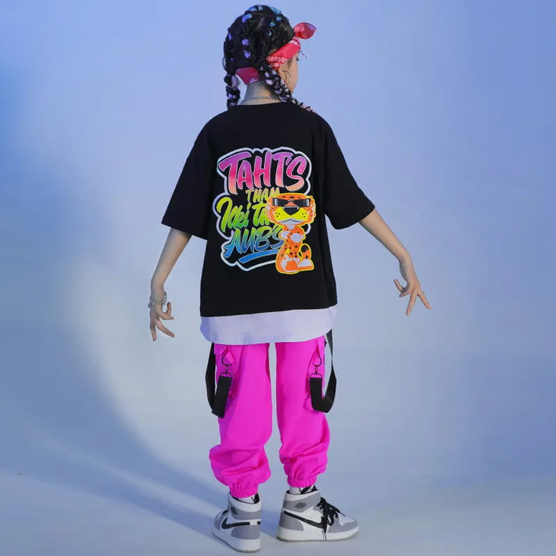 Kid Kpop Hip Hop Clothing Black White Print Oversized T Shirt Top Streetwear Cargo Pants for Girl Boy Jazz Dance Costume Clothes