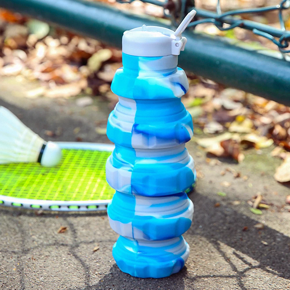 17oz 500ml Portable Reuseable Silicone Foldable Collapsible Travel Water Bottle with Rugby Carabiner