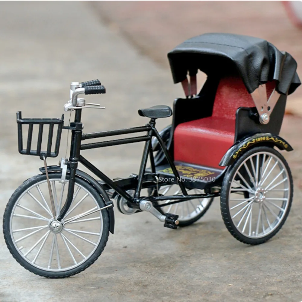 

1/10 Scale Alloy Classic Retro Rickshaw Car Model Diecasts Metal Tricycle Handcart Vehicles Model Simulation Children Toys Gifts
