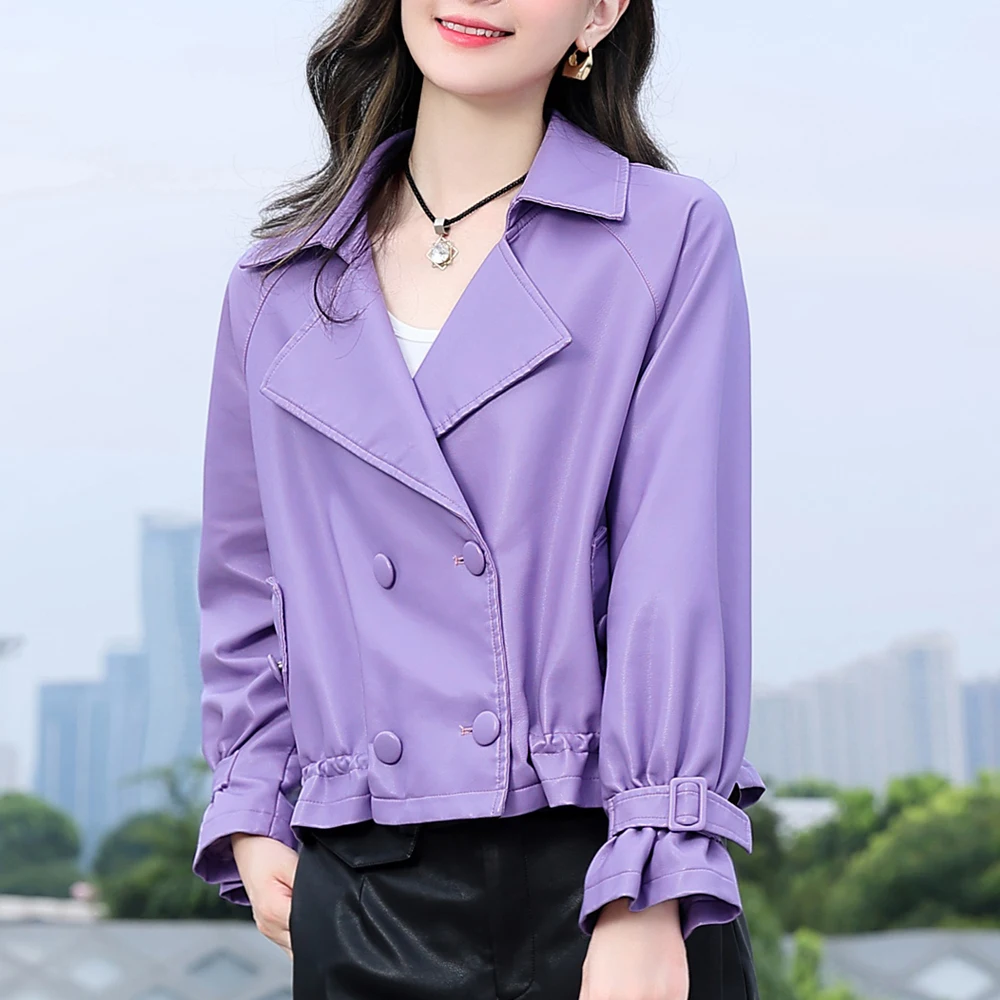 

New Spring Women Faux Leather Jacket Double Breasted Short Coat Turndown Collar Pu Motorcycle Jackets Loose Streetwear Outerwear