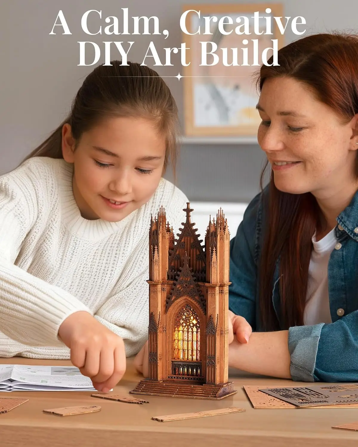롤라이프 3D 퍼즐 트윈 타워 대성당 목재 모형 키트, 스테인드 라이트 스타리 돔 카테드라 클래식 건축물 (성인용)