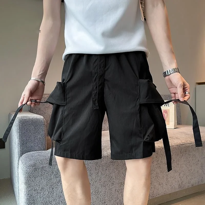 Summer Loose Solid Color Large Pocket Men's Cargo Shorts Classic Waist Drawstring Straight Cylinder Street Casual Male Short