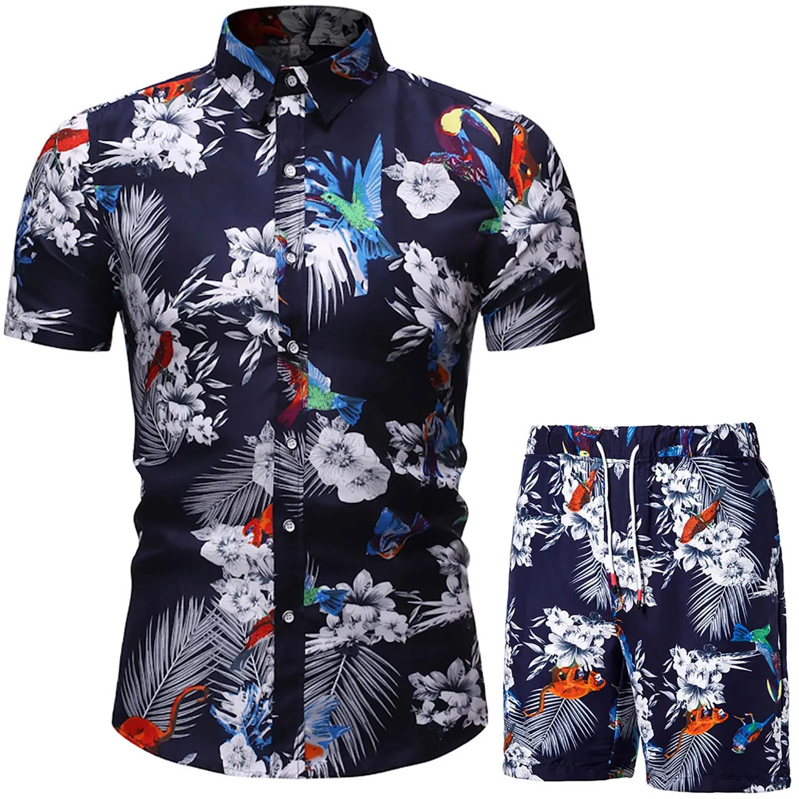 Floral Leaf Printed 2PCS Shirts Suits Men Fashion Shirts+Shorts 3D Two Piece Sets Hawaii Shirts Beach Shirt Sets Boy Beach Sets 5