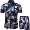 Floral Leaf Printed 2PCS Shirts Suits Men Fashion Shirts+Shorts 3D Two Piece Sets Hawaii Shirts Beach Shirt Sets Boy Beach Sets 5