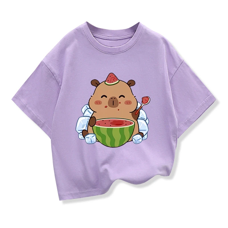 Summer New Capybara Watermelon Printed Cartoon Fashion Short Sleeve T-shirt Kids Clothing Tees Girls Loose Casual Tops T Shirts
