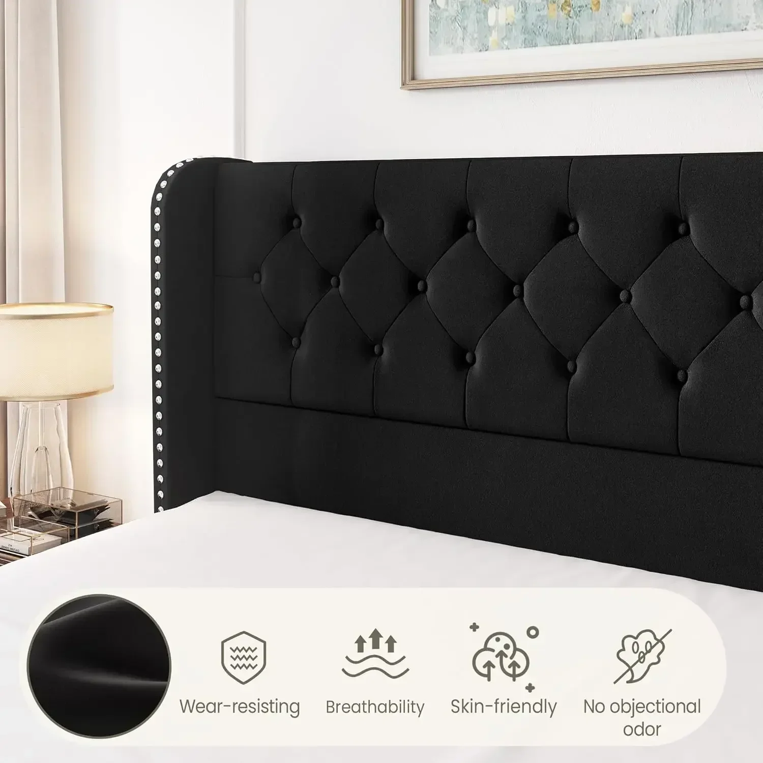 King Size Bed Frame with 4 Storage Drawers and Tufted Headboard Velvet Upholstered Wingback Beds , Black