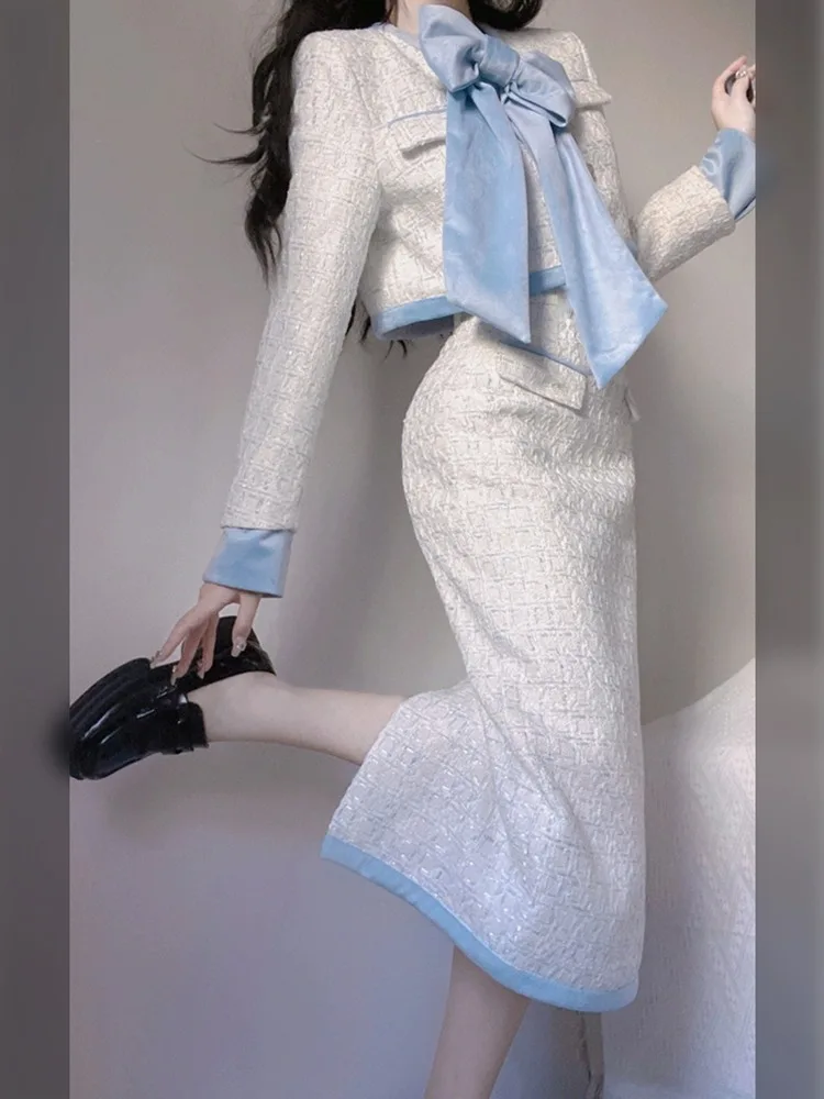 Conjunto de dos piezas elegante de moda coreana para otoño e invierno, chaqueta corta, abrigo, falda midi de cintura alta, conjuntos de lujo.