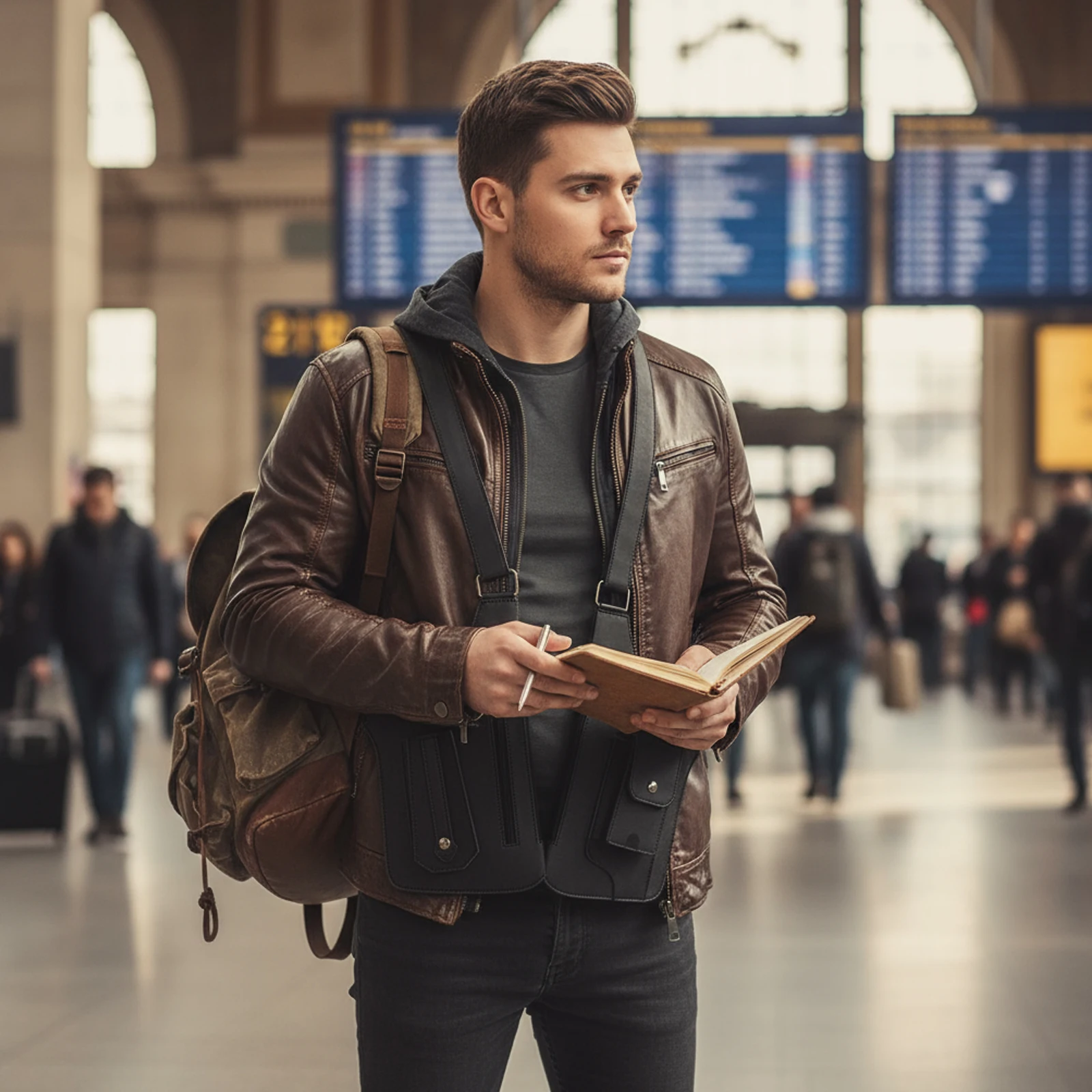 PU Leather Underarm Strap Wallet Pocket Multi-Pocket Underarm Shoulder Bag Anti-Theft Tactical Bag for Men Women Travel Outdoors