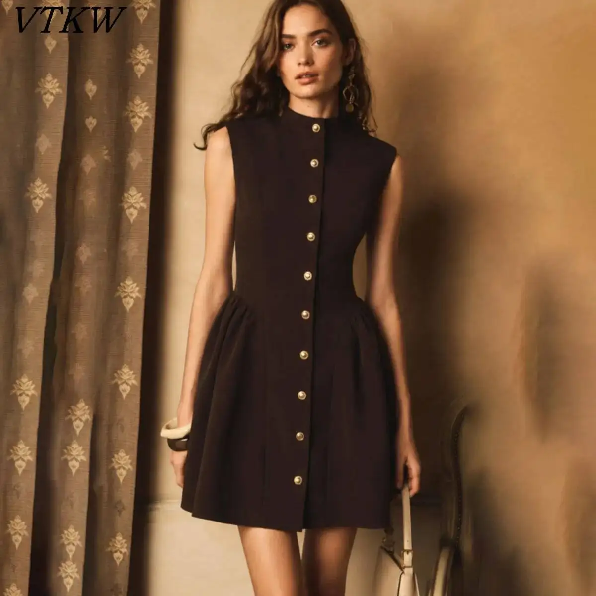 VTKW 2026 New Women Sleeveless Stand Collar Mini Dress Gold Button Fitted Waist Pleated Skirt Thick Fabric Elegant Party Dress
