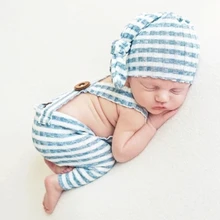 

2pcs Newborn Photography Props Strap Pants Cap Outfits Baby Stripe Romper Long Tail Hat Set Photo Shooting Clothing