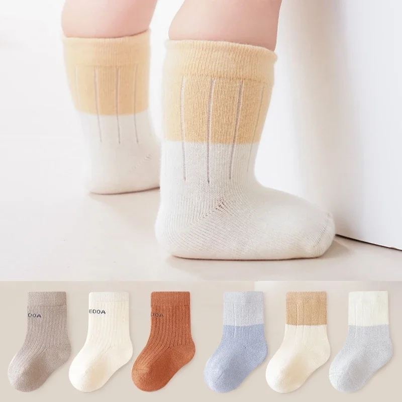 용 긴 양말 3켤레 봄 가을 면 스트라이프 양말 어린이 남아 여아 따뜻한 바닥 양말 중목 양말